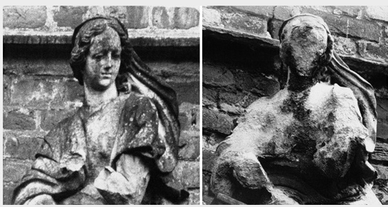 The same statue photographed in 1908 on the left and in 1968 on the right. Also note the erosion in the pointing in the mortar between the bricks behind the statue. (Image unknown source)